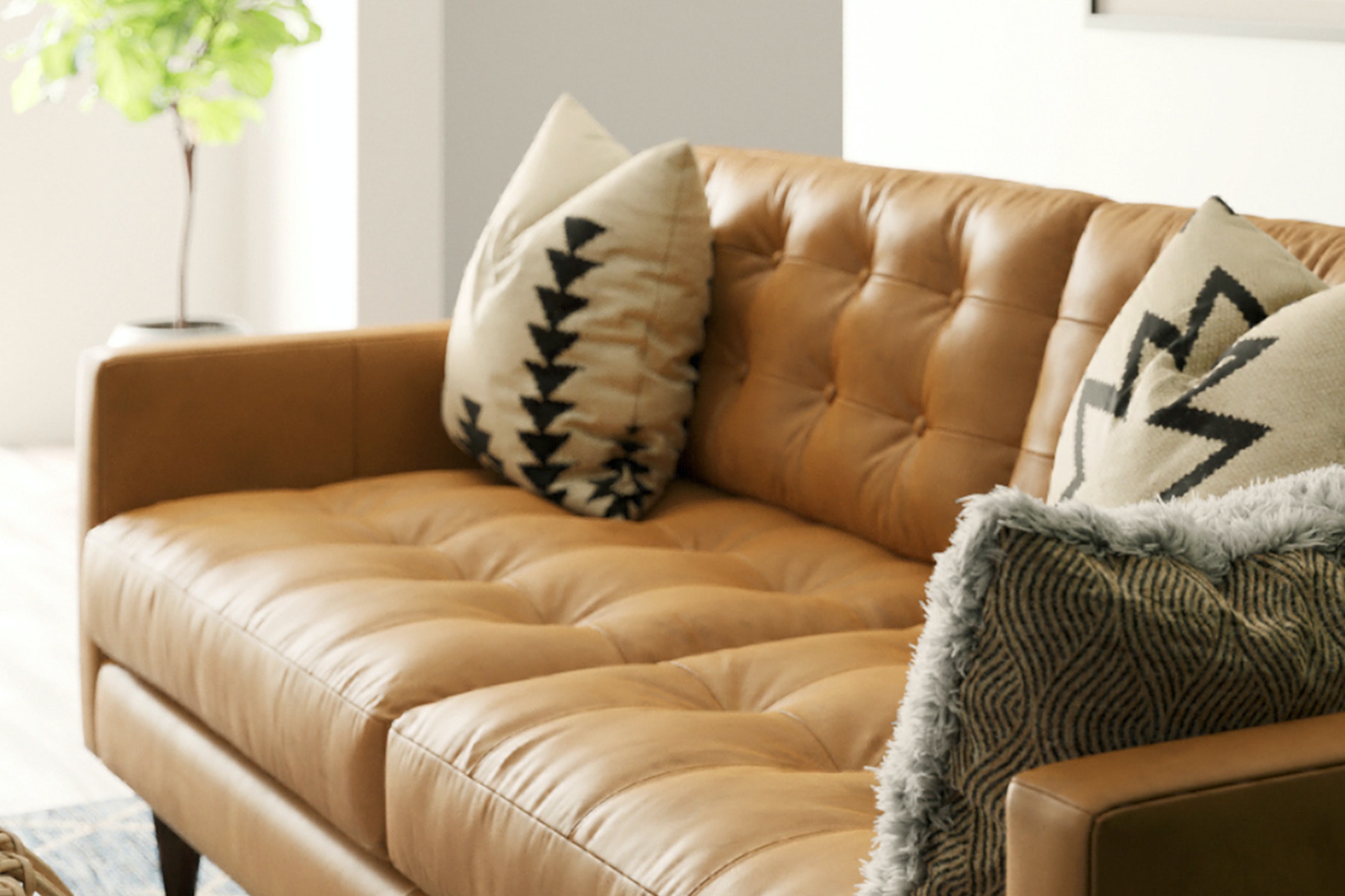 Sofa băng bọc da phong cách Mid-Century SF-244 màu camel