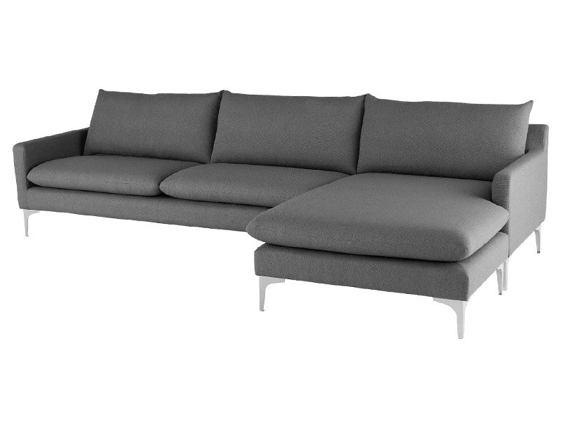 Sofa góc hiện đại SF-387 màu xám đậm, chụp từ góc cao phía trước bên phải, nổi bật phần đệm ngồi và tựa lưng dày dặn. Chân…