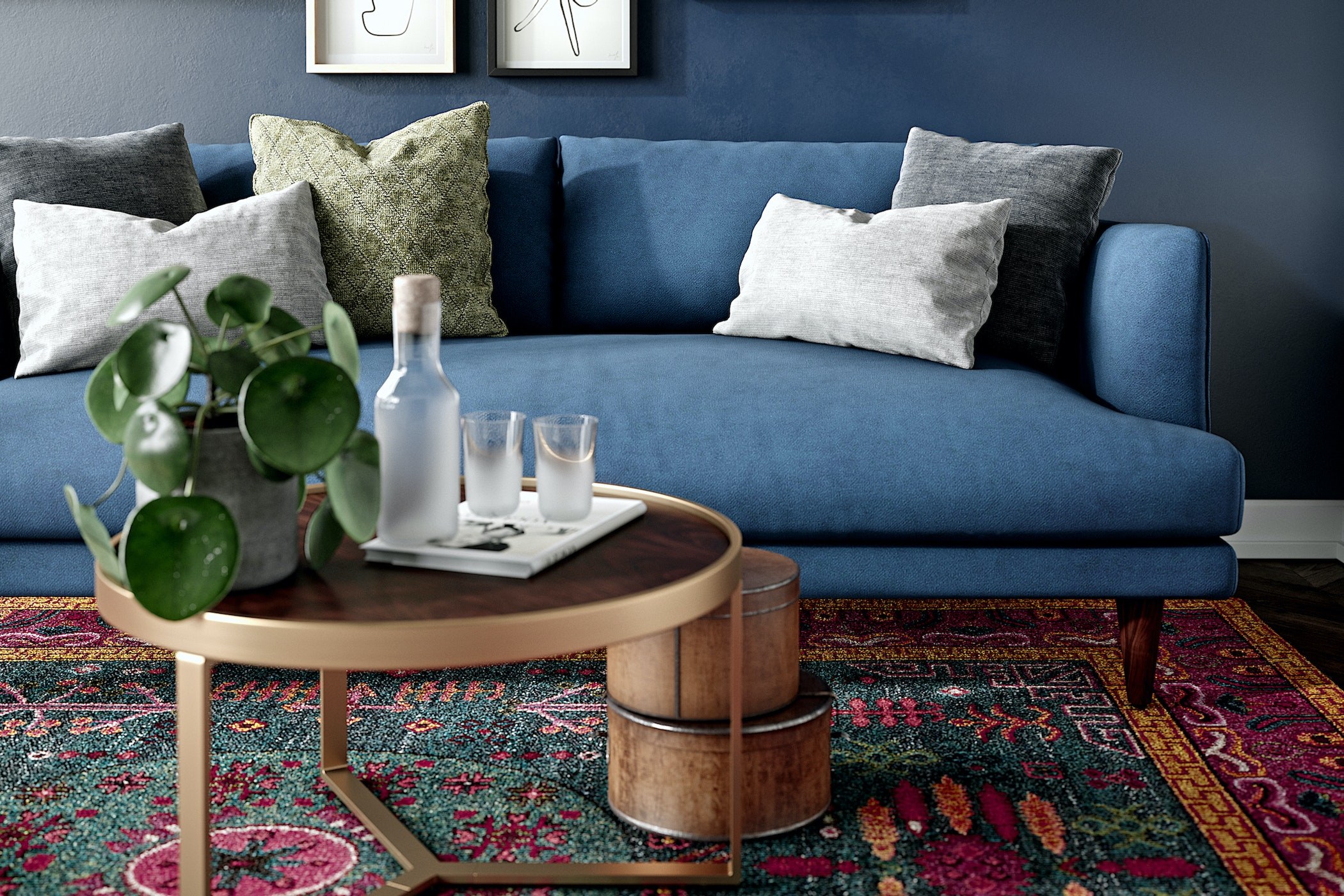 Góc cận cảnh sofa băng Lewis Extra SF-646 màu xanh navy trong phòng khách, tập trung vào đệm ngồi sâu, gối tựa êm ái và bà…