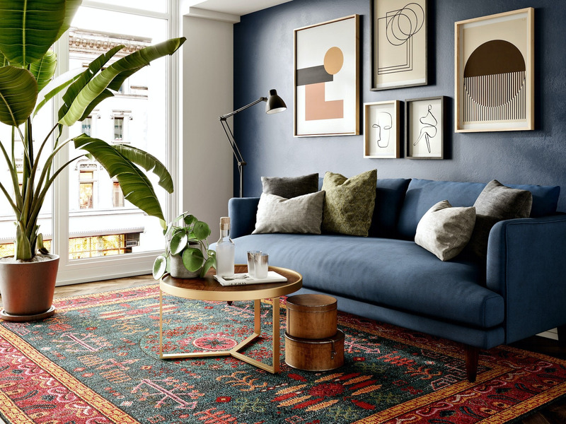 Sofa băng Lewis Extra SF-646 màu xanh navy, đặt trong phòng khách hiện đại với tường xanh đậm, thảm họa tiết thổ cẩm và câ…