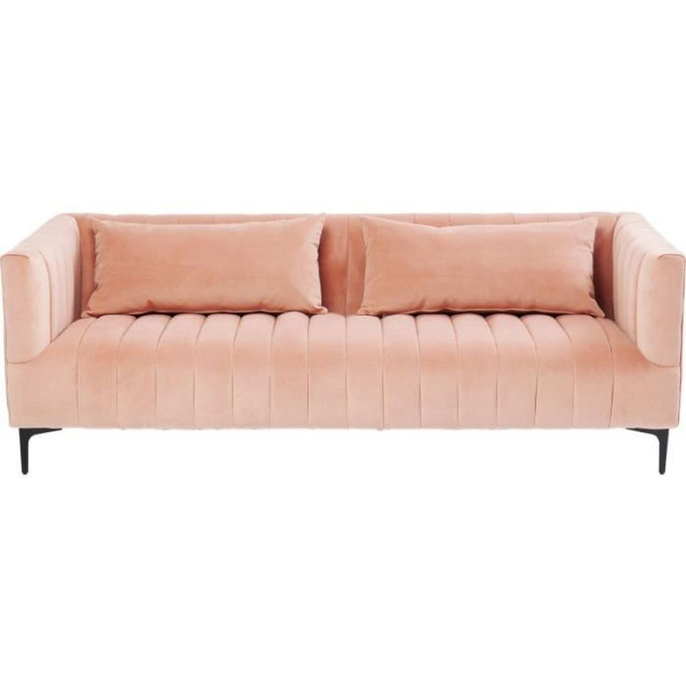 Sofa bọc vải màu hồng nhạt, chụp chính diện. Thiết kế tối giản với hai gối tựa lưng lớn, phần thân và tay vịn có các đường…