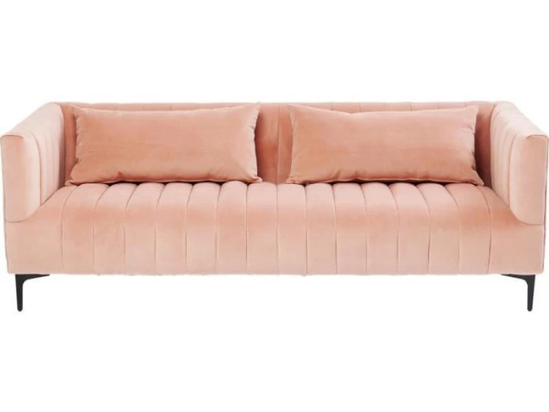 Sofa bọc vải màu hồng nhạt, chụp chính diện. Thiết kế tối giản với hai gối tựa lưng lớn, phần thân và tay vịn có các đường…