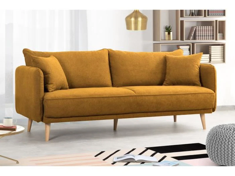Sofa băng 3 chỗ màu vàng mù tạt nổi bật, được bọc vải cao cấp, đặt trong không gian phòng khách hiện đại. Ghế có thiết kế…