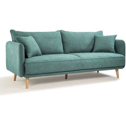 Sofa băng 3 chỗ màu xanh ngọc bích tươi mát, bọc vải cao cấp, được chụp từ góc nghiêng. Ghế có thiết kế hiện đại, đường né…