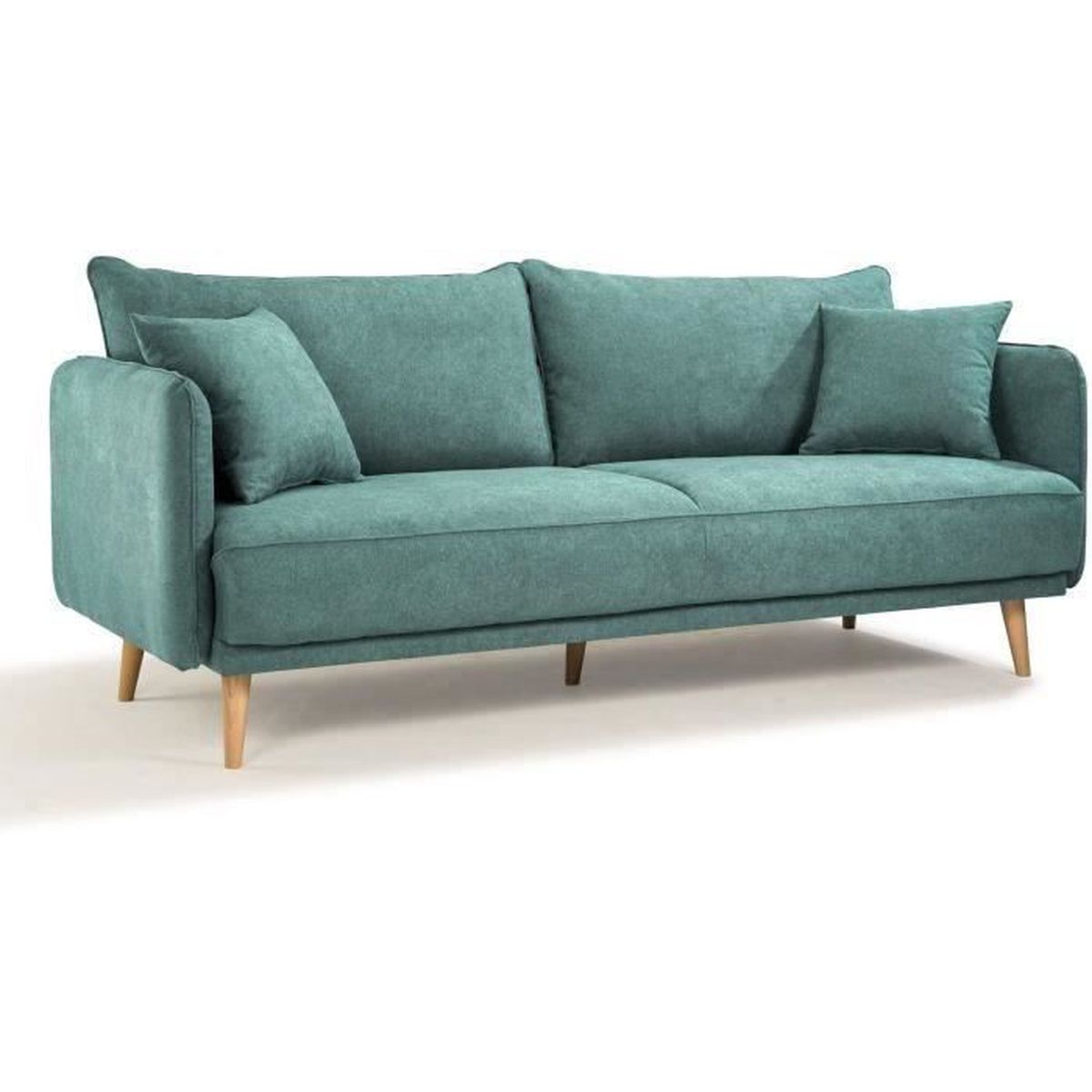 Sofa băng 3 chỗ màu xanh ngọc bích tươi mát, bọc vải cao cấp, được chụp từ góc nghiêng. Ghế có thiết kế hiện đại, đường né…