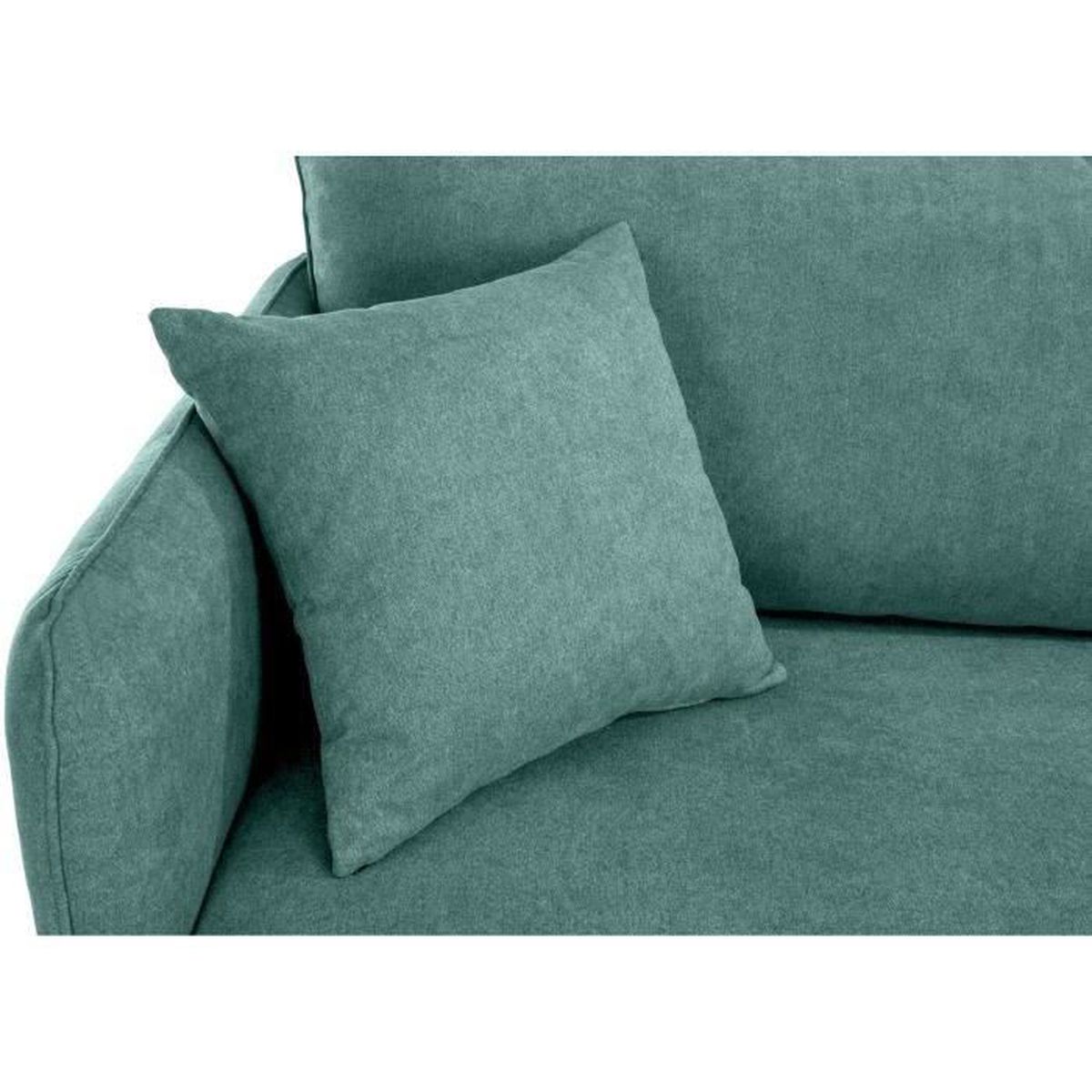 Cận cảnh một góc của sofa màu xanh ngọc bích, tập trung vào gối tựa và bề mặt vải. Gối tựa vuông vắn, được đặt gọn gàng tr…
