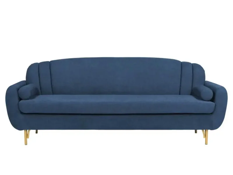 Sofa băng Filbert SF-370 màu xanh dương, được chụp chính diện. Sofa có kiểu dáng tối giản, tay vịn thấp và tựa lưng cong m…