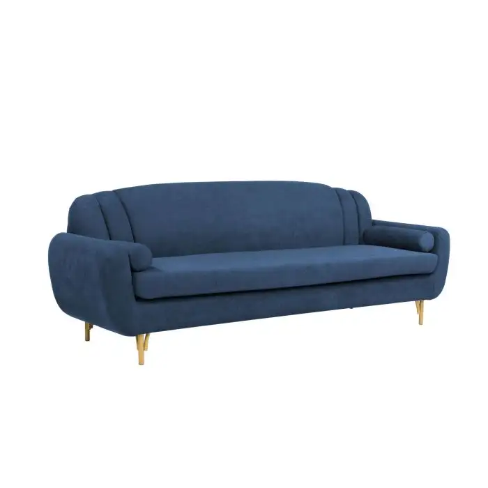 Sofa băng Filbert SF-370 màu xanh dương, chụp góc nghiêng từ phía trước bên phải. Sofa có thiết kế hiện đại với tay vịn th…