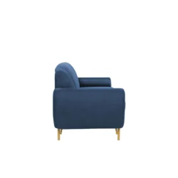Sofa băng Filbert SF-370 màu xanh dương, chụp góc nghiêng từ bên hông trái, thể hiện rõ chiều sâu của sản phẩm. Tay vịn th…