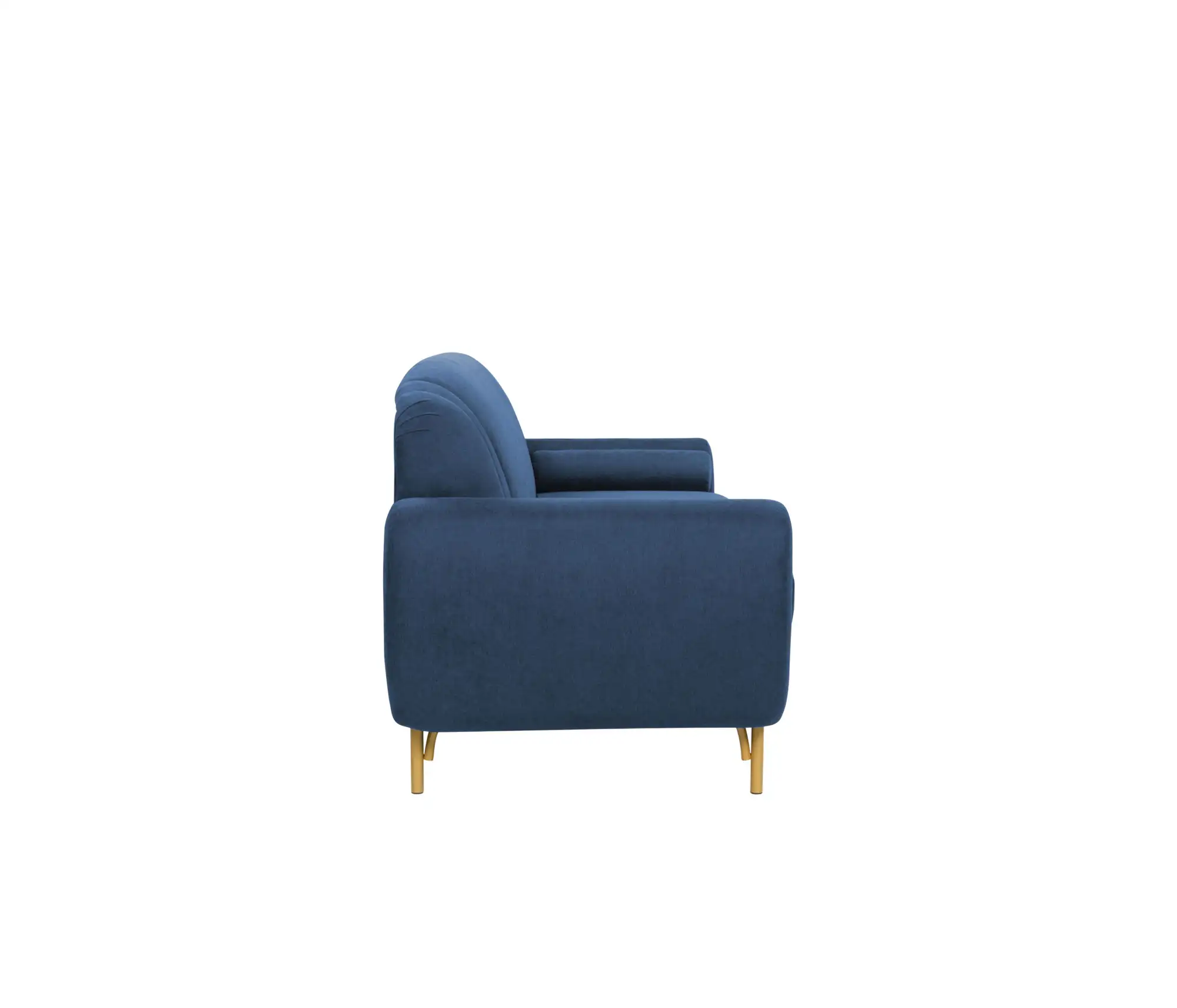Sofa băng Filbert SF-370 màu xanh dương, chụp góc nghiêng từ bên hông trái, thể hiện rõ chiều sâu của sản phẩm. Tay vịn th…