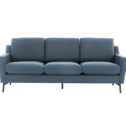 Sofa băng ba chỗ màu xanh đậm, chụp chính diện, thể hiện sự vững chãi và sang trọng. Ghế có ba đệm ngồi và lưng tựa rời, t…
