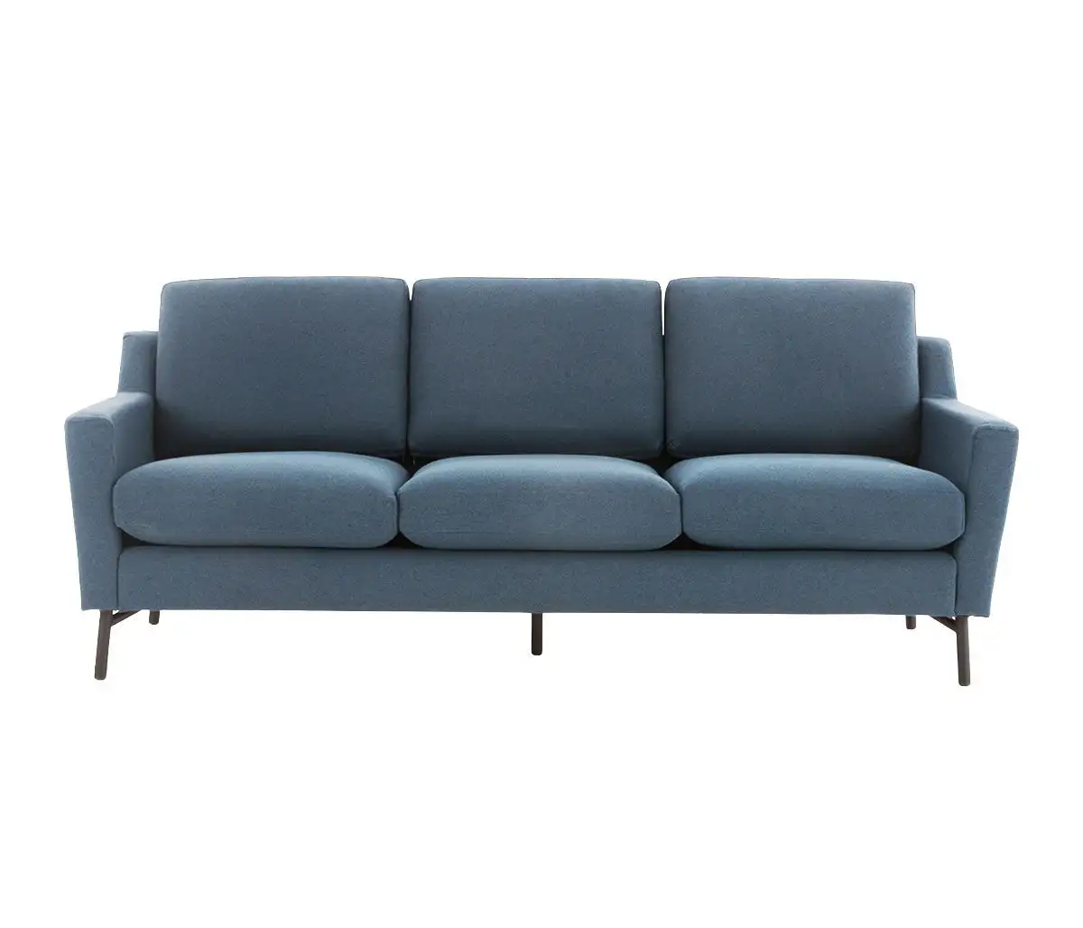 Sofa băng ba chỗ màu xanh đậm, chụp chính diện, thể hiện sự vững chãi và sang trọng. Ghế có ba đệm ngồi và lưng tựa rời, t…