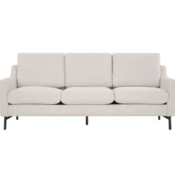 Sofa băng ba chỗ màu be nhạt, chụp chính diện, mang lại cảm giác ấm cúng và thanh lịch. Ghế có thiết kế hiện đại với các đ…