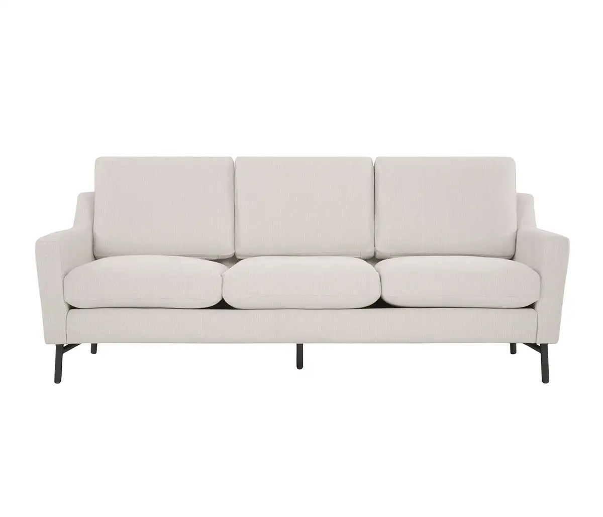 Sofa băng ba chỗ màu be nhạt, chụp chính diện, mang lại cảm giác ấm cúng và thanh lịch. Ghế có thiết kế hiện đại với các đ…