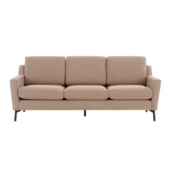 Sofa băng ba chỗ màu nâu nhạt (taupe), chụp chính diện, thể hiện rõ kiểu dáng cân đối. Ghế có ba đệm ngồi và ba đệm lưng r…