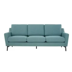 Sofa băng ba chỗ màu xanh ngọc nhạt, chụp chính diện, mang đến vẻ tươi mới cho không gian. Ghế có thiết kế tối giản, ba đệ…