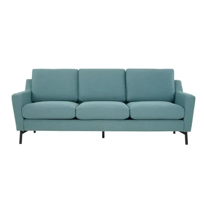 Sofa băng ba chỗ màu xanh ngọc nhạt, chụp chính diện, mang đến vẻ tươi mới cho không gian. Ghế có thiết kế tối giản, ba đệ…