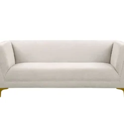 Sofa băng đôi SF-389 màu be nhạt, chụp chính diện trên nền trắng. Sofa có thiết kế hiện đại với tay vịn và lưng tựa liền m…