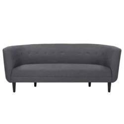 Sofa băng bọc vải màu xám đậm, chụp chính diện trên nền trắng. Lưng tựa ghế có đường cong mềm mại và hàng nút bọc vải tran…