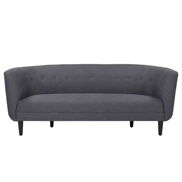 Sofa băng bọc vải màu xám đậm, chụp chính diện trên nền trắng. Lưng tựa ghế có đường cong mềm mại và hàng nút bọc vải tran…