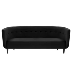 Sofa băng bọc vải màu đen tuyền, chụp chính diện trên nền trắng. Thiết kế lưng tựa bo tròn độc đáo với các nút bọc vải tạo…