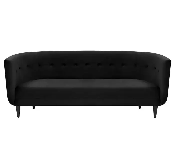 Sofa băng bọc vải màu đen tuyền, chụp chính diện trên nền trắng. Thiết kế lưng tựa bo tròn độc đáo với các nút bọc vải tạo…
