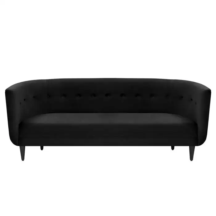 Sofa băng bọc vải màu đen tuyền, chụp chính diện trên nền trắng. Thiết kế lưng tựa bo tròn độc đáo với các nút bọc vải tạo…