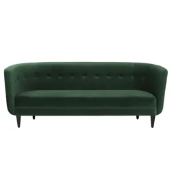 Sofa băng bọc vải nhung màu xanh lá cây đậm, chụp chính diện trên nền trắng. Ghế có thiết kế lưng tựa bo cong hình vầng tr…