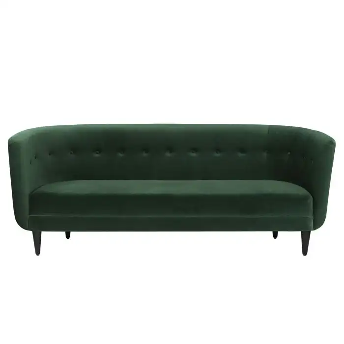 Sofa băng bọc vải nhung màu xanh lá cây đậm, chụp chính diện trên nền trắng. Ghế có thiết kế lưng tựa bo cong hình vầng tr…