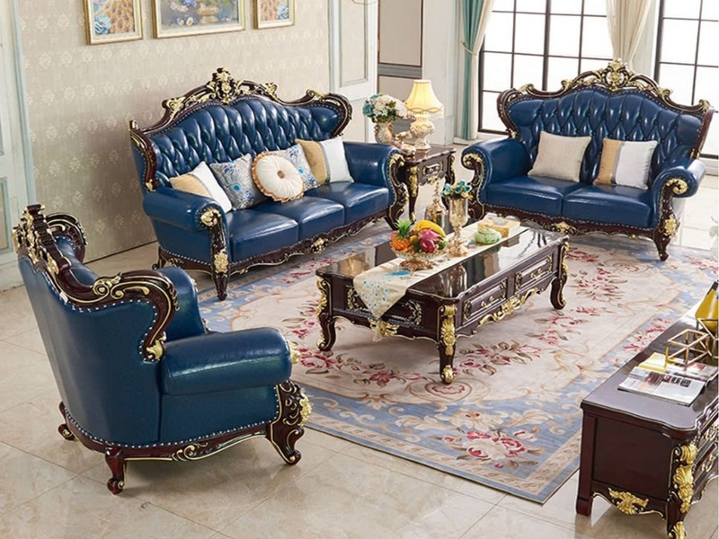 Toàn cảnh bộ sofa tân cổ điển SB922-123 màu xanh đậm sang trọng, bao gồm một ghế đơn, một ghế đôi và một ghế ba, được sắp…