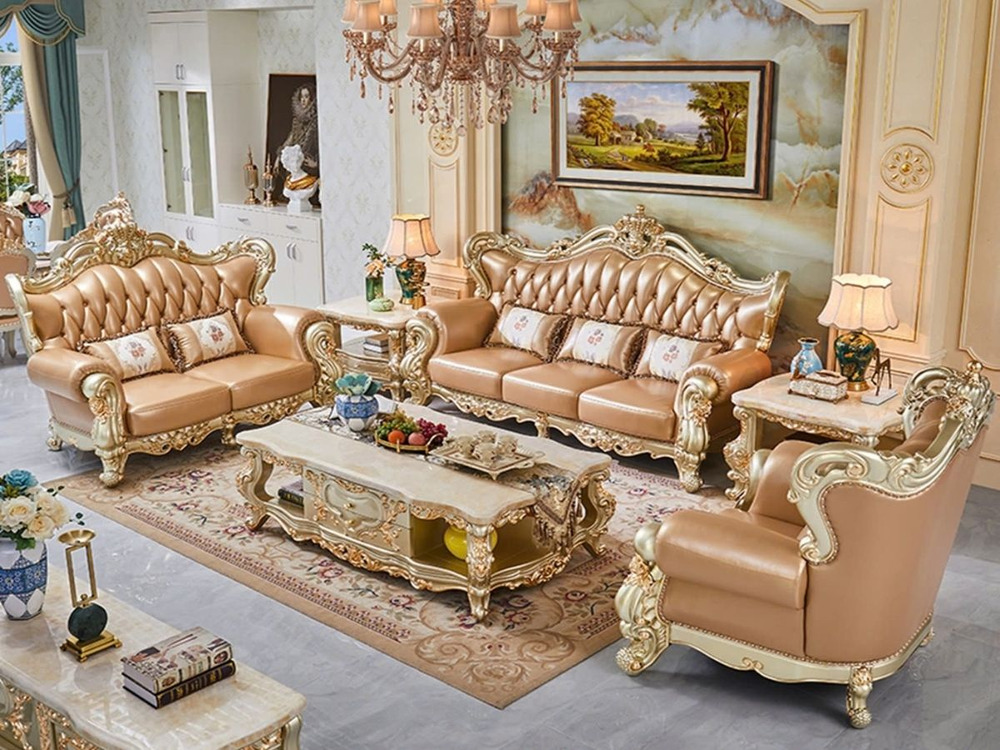 Bộ sofa tân cổ điển vương giả SB968-123 được chụp từ góc nhìn tổng thể trong một phòng khách sang trọng. Bộ sản phẩm gồm m…