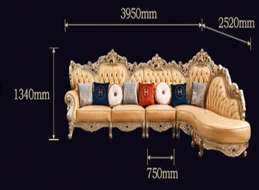 Hình ảnh chụp chính diện bộ sofa góc tân cổ điển SB905-3B trên nền đen, làm nổi bật kiểu dáng và các chi tiết chạm khắc ti…