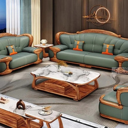 Ảnh chụp toàn cảnh bộ sofa gỗ Mun tân cổ điển SBF323-123 từ góc trên cao, bao gồm một ghế đơn, một băng hai và một băng ba…