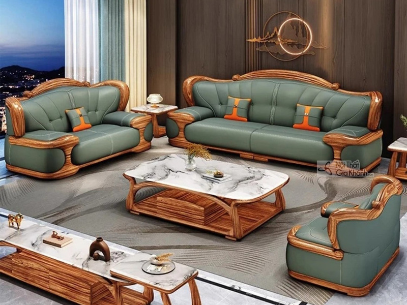 Ảnh chụp toàn cảnh bộ sofa gỗ Mun tân cổ điển SBF323-123 từ góc trên cao, bao gồm một ghế đơn, một băng hai và một băng ba…