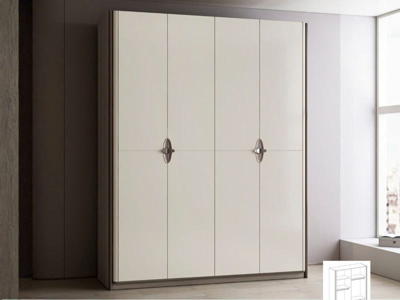 Ảnh chụp cận cảnh tủ quần áo 4 cánh TU2A-1 màu trắng kem, đặt trong không gian phòng ngủ hiện đại. Tủ có thiết kế tối giản…