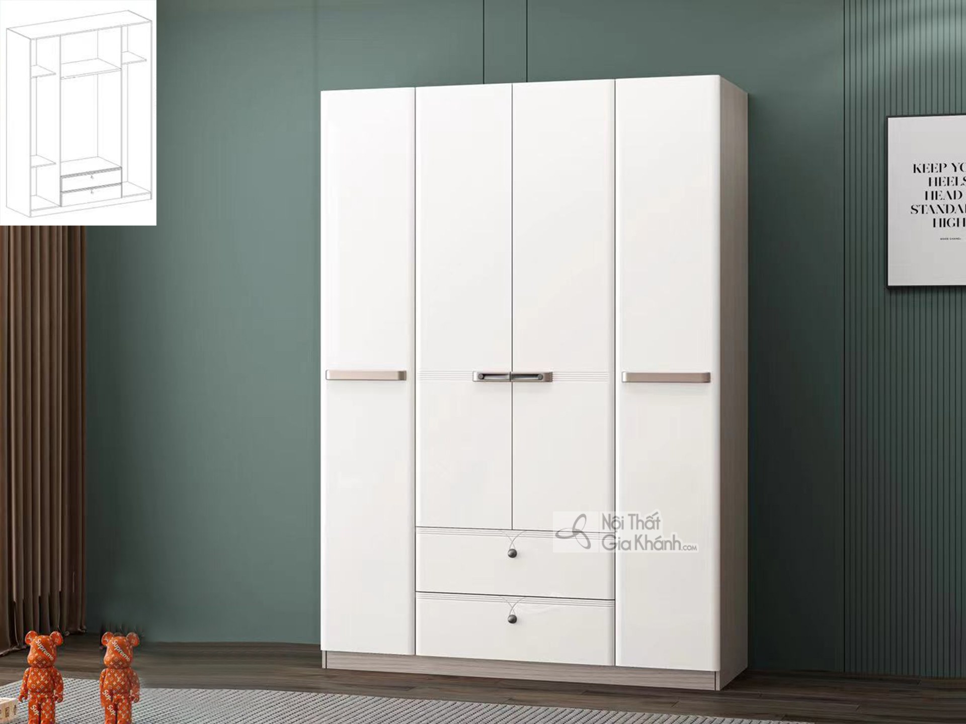 tủ quần áo 4 cánh hiện đại TU614 phù hợp combo phòng ngủ Gia Khánh