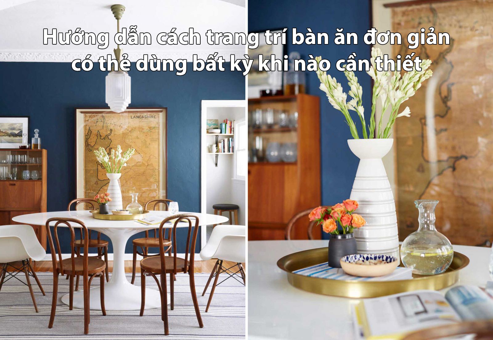 Bàn ăn tròn màu trắng với ghế gỗ, bình hoa, khay và bình thủy tinh trang trí giữa bàn