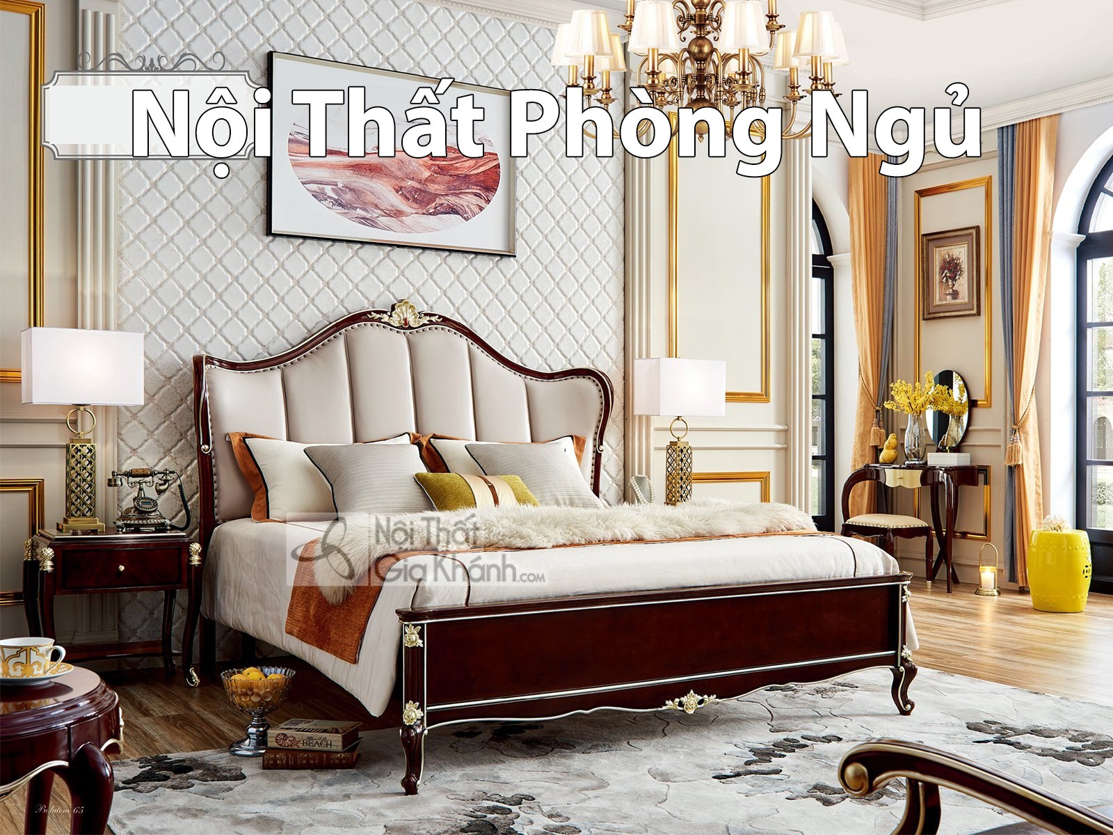 Nội thất phòng ngủ đầy đủ gồm giường, tủ quần áo, tủ đầu giường, bàn trang điểm