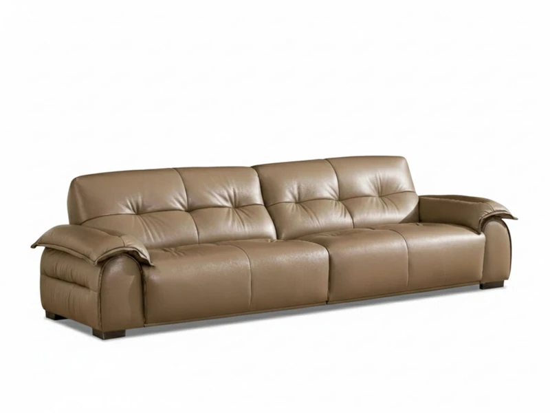 Sofa băng SFB8166 được chụp từ góc hơi chếch phía trước, nổi bật kiểu dáng dài và thấp, chân ghế ẩn. Bề mặt da bò tự nhiên…