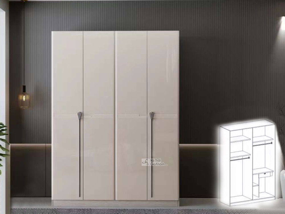 Ảnh chụp chính diện tủ quần áo 4 cánh hiện đại, màu trắng kem bóng. Tủ có thiết kế tối giản với bốn cánh cửa mở, mỗi cặp c…