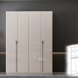 Ảnh chụp chính diện tủ quần áo 4 cánh hiện đại, màu trắng kem bóng. Tủ có thiết kế tối giản với bốn cánh cửa mở, mỗi cặp c…