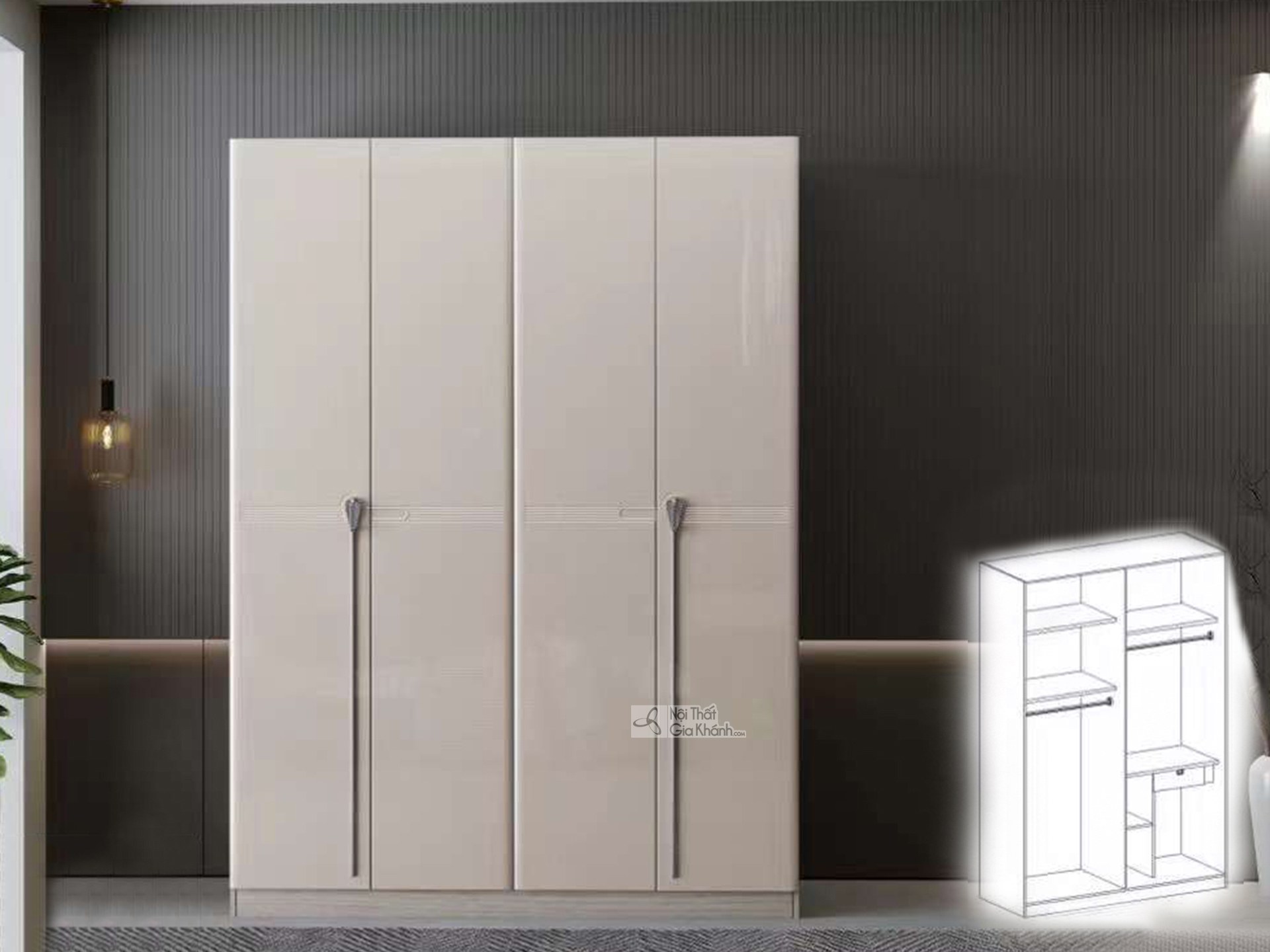 Ảnh chụp chính diện tủ quần áo 4 cánh hiện đại, màu trắng kem bóng. Tủ có thiết kế tối giản với bốn cánh cửa mở, mỗi cặp c…