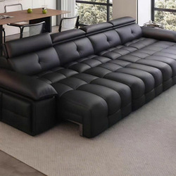 Chiếc sofa băng chỉnh điện SF197 màu đen sang trọng, được chụp từ góc nhìn trên cao hơi chếch, cho thấy toàn bộ chiều dài…