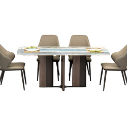 Bộ bàn ăn hiện đại BA934 gồm bàn mặt đá pha lê và bốn ghế ăn bọc da màu ghi, chụp ngang trên nền trắng. Mặt bàn vân mây xa…