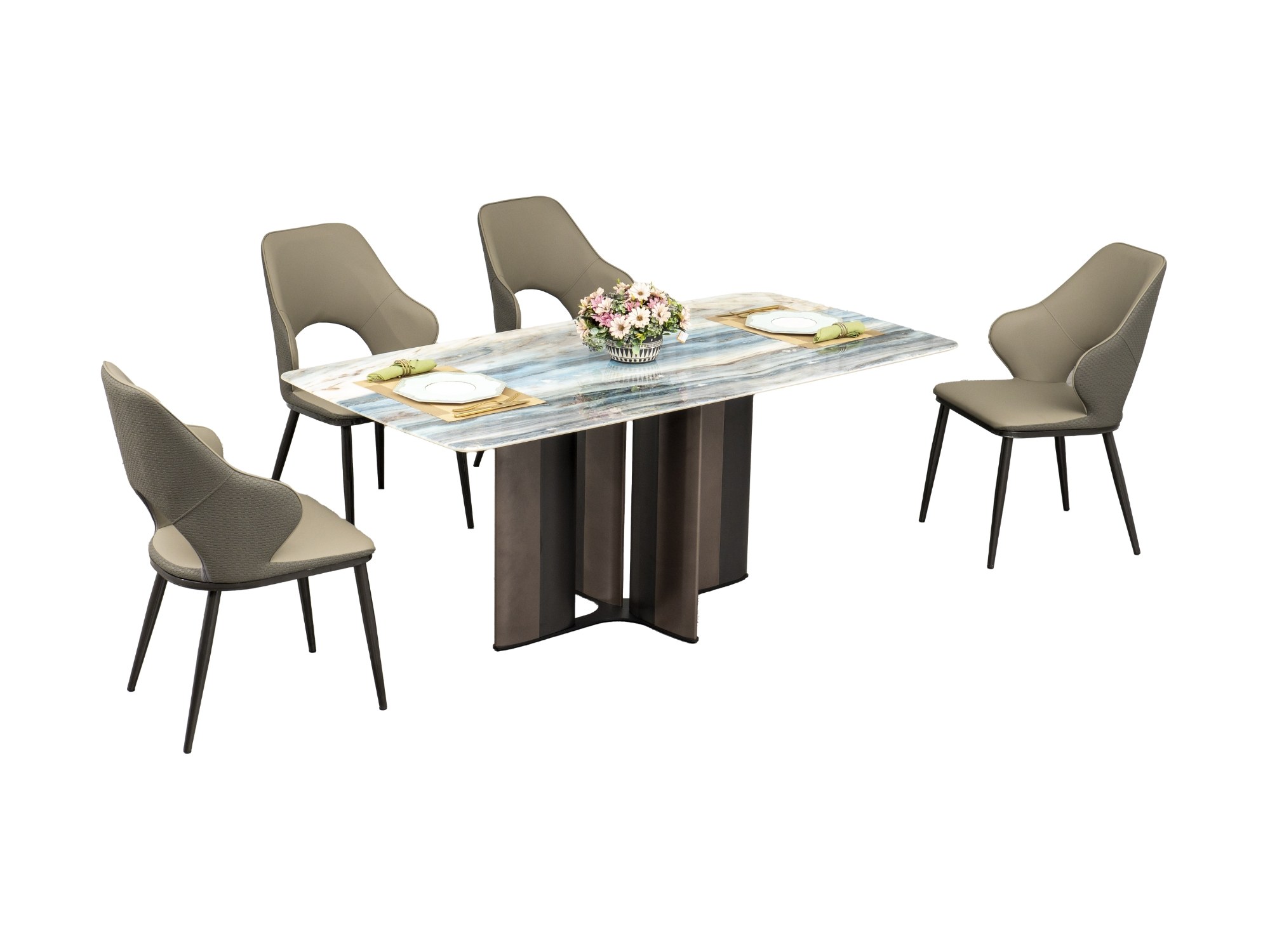 Bộ bàn ăn hiện đại BA934 với bốn ghế ăn bọc da màu ghi, chụp từ góc chéo. Mặt bàn đá pha lê vân mây xanh và nâu, phản chiế…