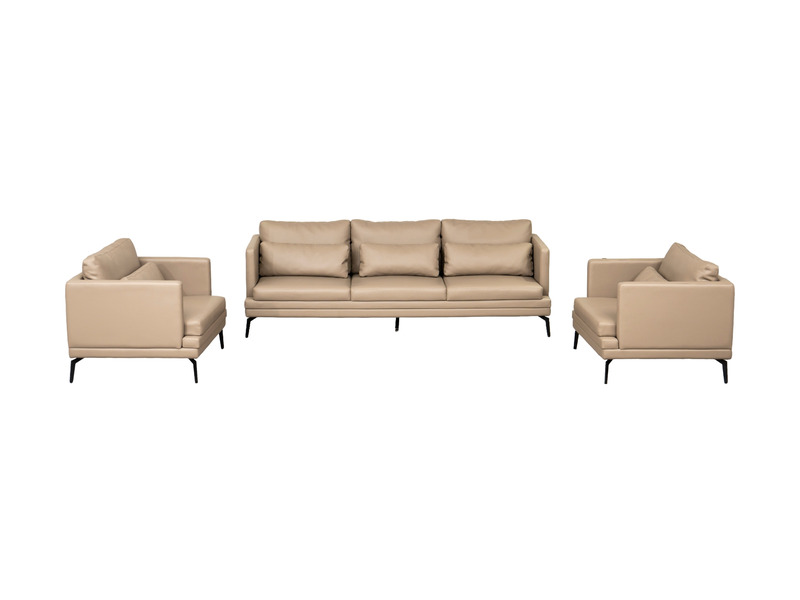 Toàn cảnh bộ sofa BM001-113-C1050 màu nâu be gồm một ghế băng ba chỗ, một ghế băng hai chỗ và một ghế đơn, được chụp chính…