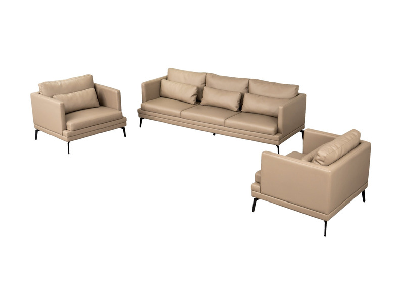Bộ sofa BM001-113-C1050 màu nâu be được chụp từ góc trên cao, hơi nghiêng, cho thấy tổng thể ba món gồm ghế băng dài, ghế…