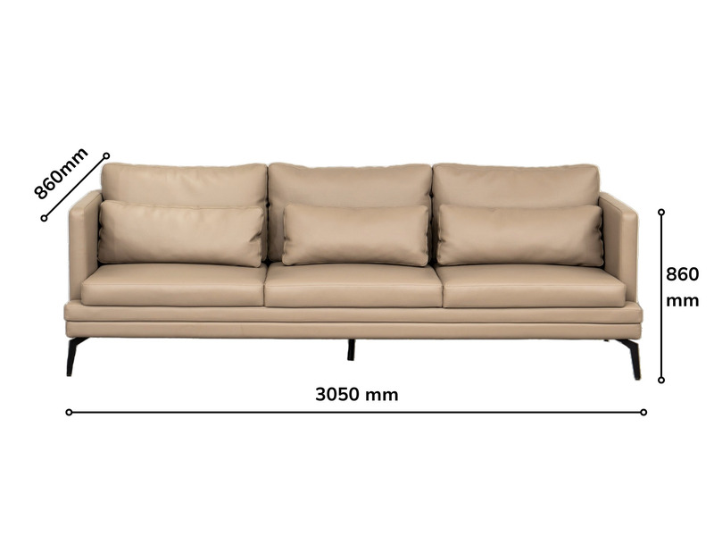 Hình ảnh ghế sofa băng ba chỗ BM001-113-C1050 màu nâu be với các chú thích kích thước chi tiết: chiều dài 3050mm, chiều sâ…