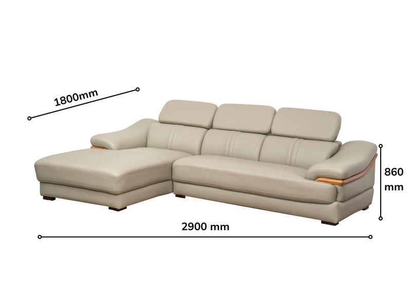 Sofa da góc phải màu be/ghi sáng, chụp trên nền trắng với các đường kích thước minh họa: chiều dài 2900mm, chiều rộng góc…
