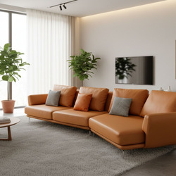 Bộ sofa da góc màu cam nổi bật trong không gian phòng khách hiện đại, sang trọng. Sofa có thiết kế chữ L, đặt trên thảm lô…